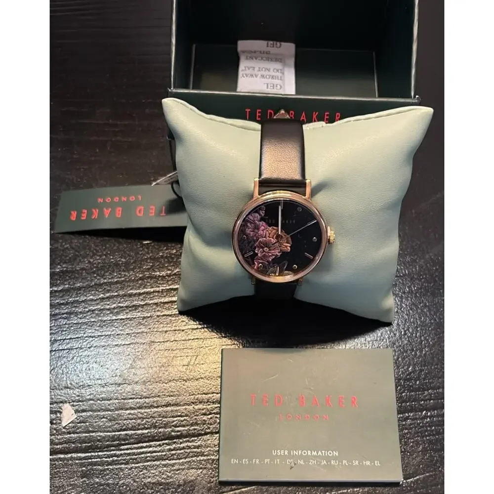 Ted Baker Women's Rose Gold Black Floral Face Leather Strap Watch